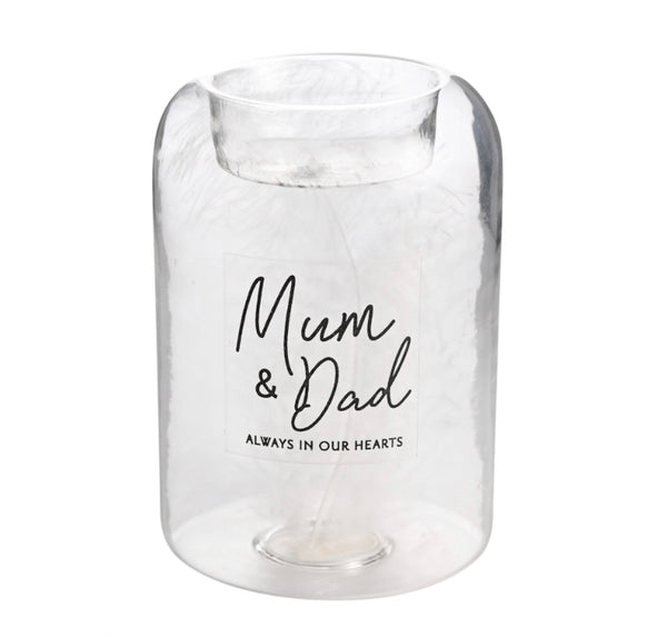 Mum & Dad Feather Glass Tea Light Holder