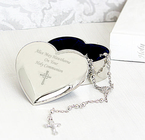 Personalised Rosary Beads and Cross Heart Trinket Box
