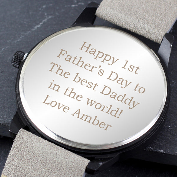 Personalised Mens Matte Black Watch with Grey Strap and Presentation Box