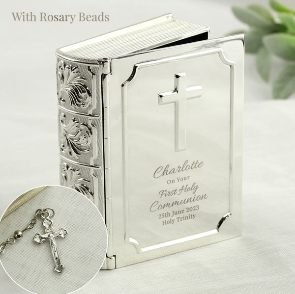 Personalised First Holy Communion Bible Trinket Box with Rosary Beads