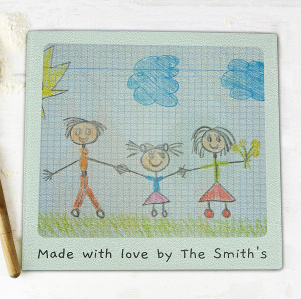 Personalised Childrens Drawing Photo Upload Glass Chopping Board/Worktop Saver