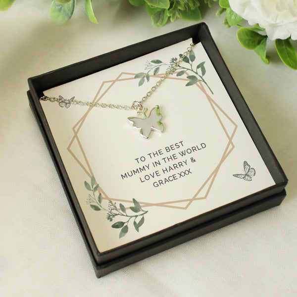 Personalised Botanical Sentiment Butterfly Necklace and Box