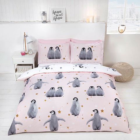Starry Penguins Duvet Set - Pink
