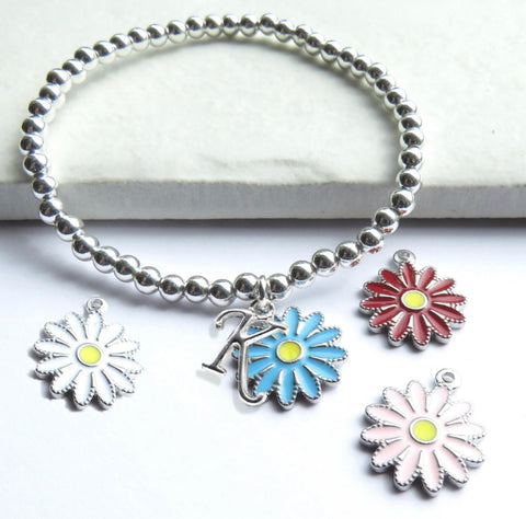 Personalised Initial Girls Silver Beaded Bracelet & Daisy Charm