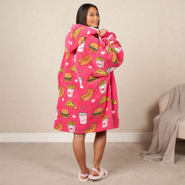 Fast Food Print Hoodie Blanket, Adults - Pink