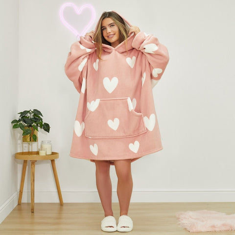 Heart Print Hoodie Blanket - Blush