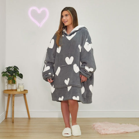 Heart Print Hoodie Blanket - Charcoal