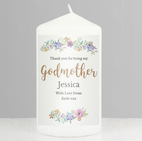 Personalised Godmother 'Floral Watercolour' Pillar Candle