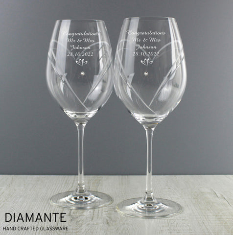 Personalised Hand Cut Little Hearts Diamante Wine Glasses