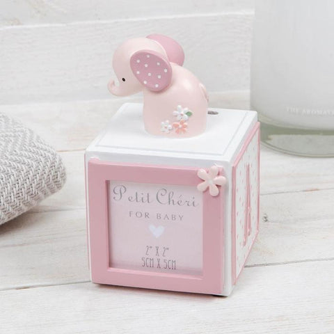 Petit Cheri Elephant Letter Cube Money Box with Frame - Pink