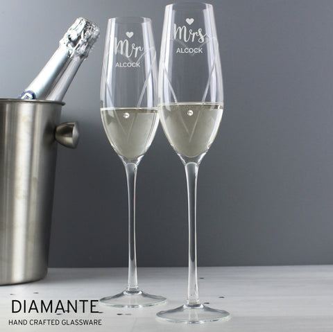 Personalised Hand Cut Mr & Mrs Pair of Flutes in Gift Box