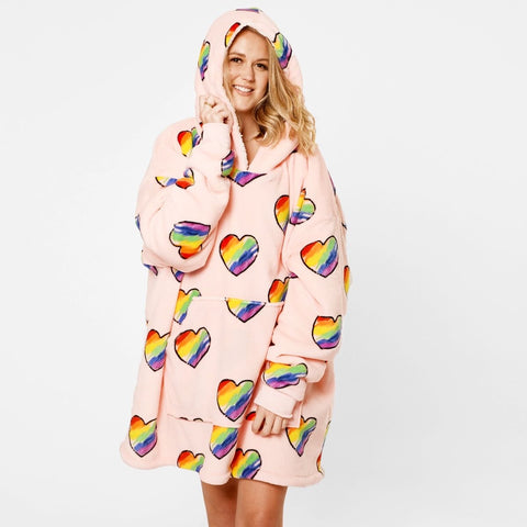 Rainbow Hearts Hoodie Blanket - Blush