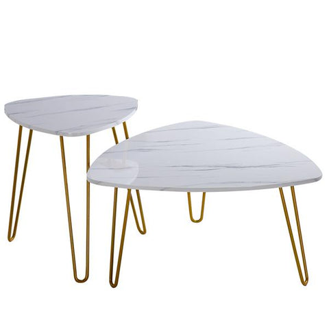 Marble Iron Feet Coffee Table Side 2 Sets - White/Gold