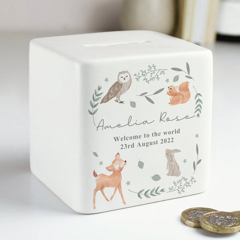 Personalised Woodland Animals Ceramic Square Money Box