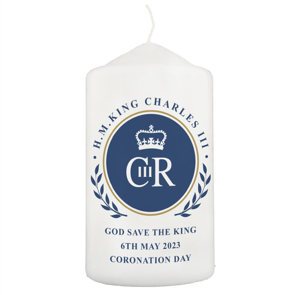 Personalised King Charles III Blue Crest Coronation Commemorative Pillar Candle