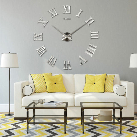 DIY 3D Wall Clock Roman Numerals Large Mirror Surface Luxury Big Art Clock - Silver