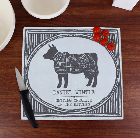 Personalised Meat Cuts Glass Chopping Board/Worktop Saver