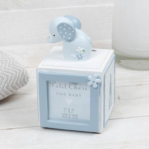 Petit Cheri Elephant Letter Cube Money Box with Frame - Blue