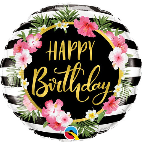 Birthday Hibiscus Flower & Stripes Foil Balloon