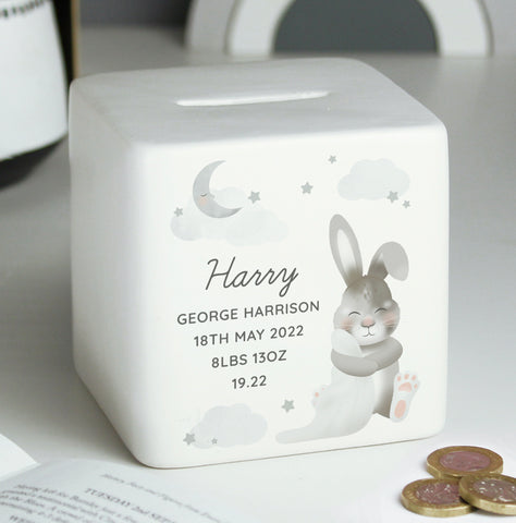Personalised Baby Bunny Ceramic Square Money Box