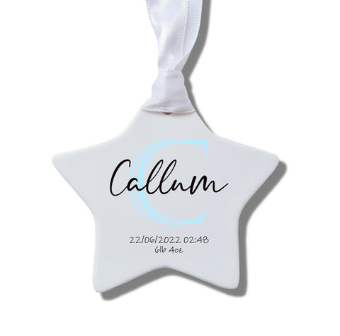 Personalised Blue New Baby Announcement Star Ceramic Decoration