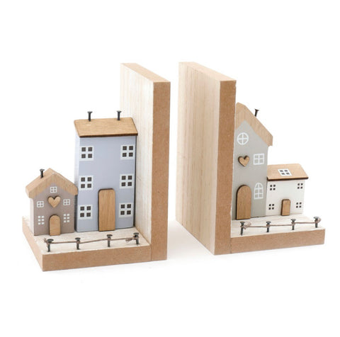 Wooden Houses Bookend Set