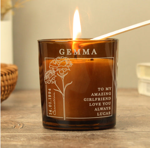 Personalised January Birth Flower Amber Glass Candle