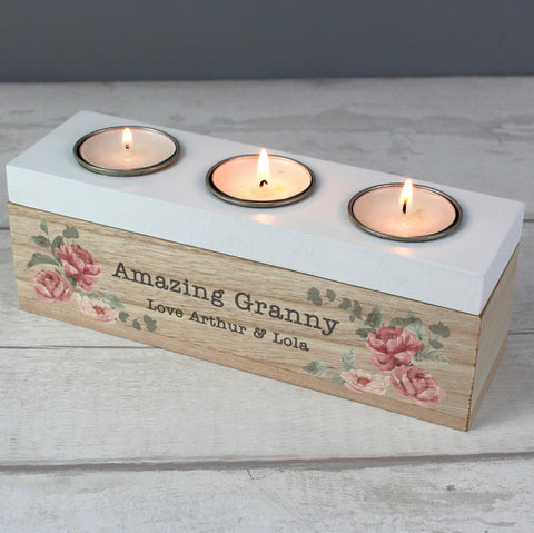 Personalised Floral Watercolour Triple Tealight Box