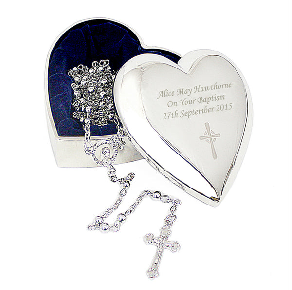 Personalised Rosary Beads and Cross Heart Trinket Box