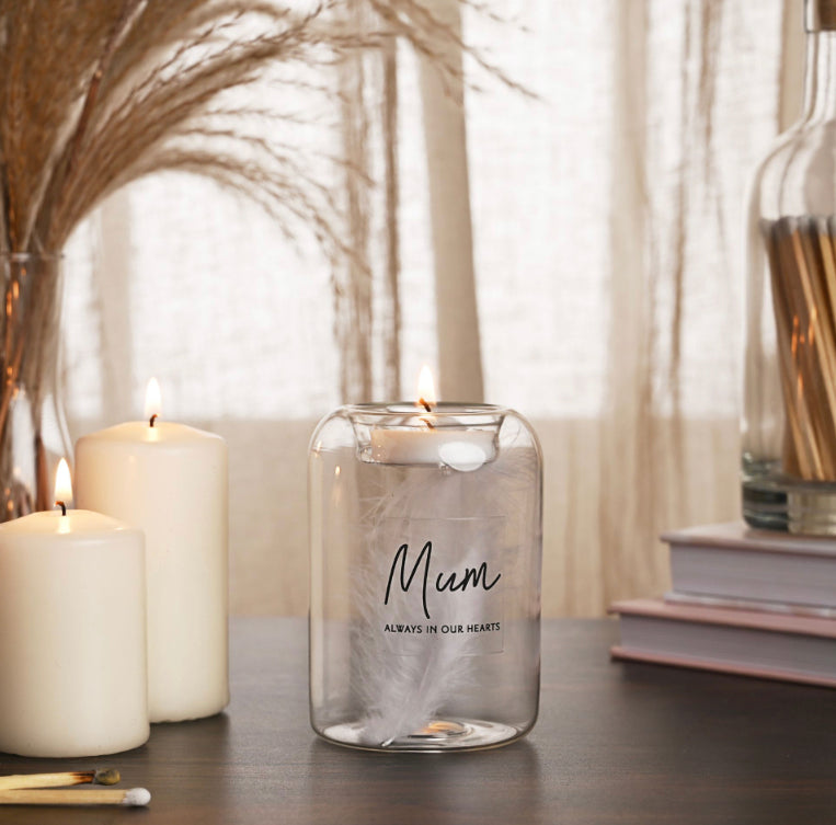 Mum Feather Glass Tea Light Holder