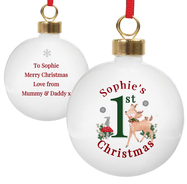 Personalised 1st Christmas Festive Fawn Bauble