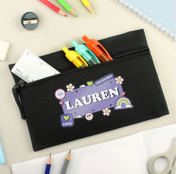 Personalised Good Vibes Black Pencil Case