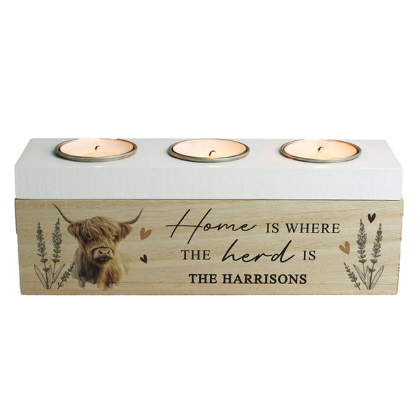 Personalised Highland Cow Triple Tea Light Box