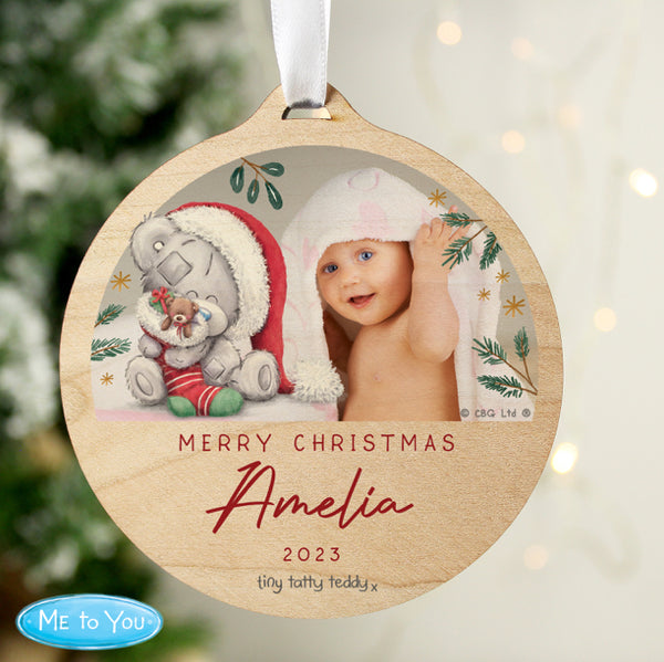 Personalised First Christmas Tiny Tatty Teddy Photo Upload Round Wooden Decoration