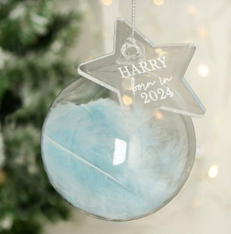 Personalised Born In Blue Feather Glass Bauble With Star Tag