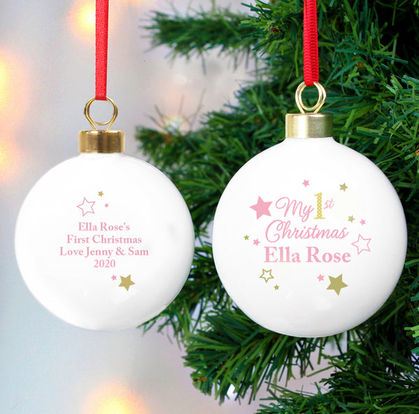 Personalised Gold & Pink Stars My 1st Christmas Bauble