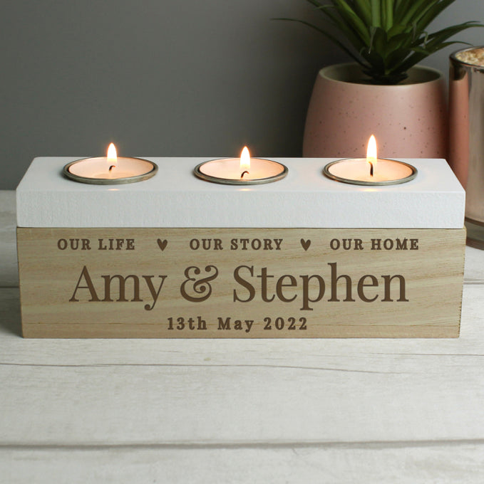 Personalised Our Life Story & Home Triple Tea Light Box