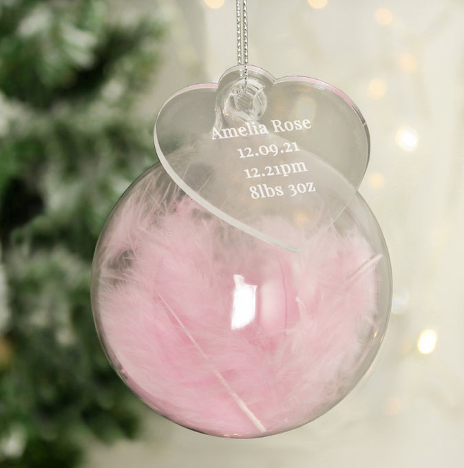 Personalised Free Text Pink Feather Glass Bauble With Heart Tag