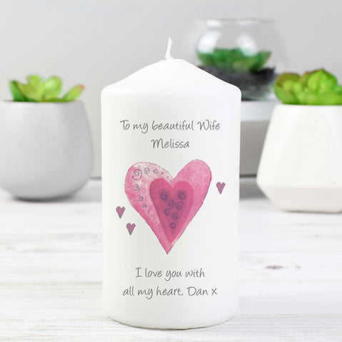 Personalised Hearts Pillar Candle