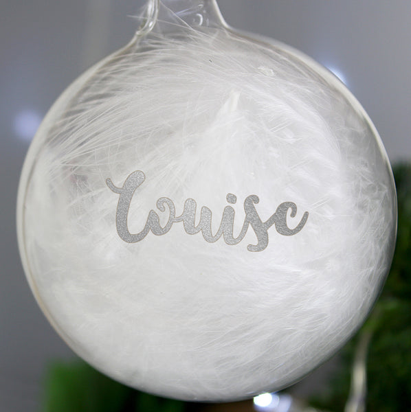 Personalised Silver Glitter Name Only Feather Glass Bauble