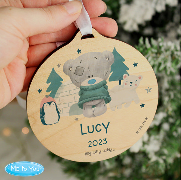 Personalised Winter Explorer Tiny Tatty Teddy Round Wooden Decoration