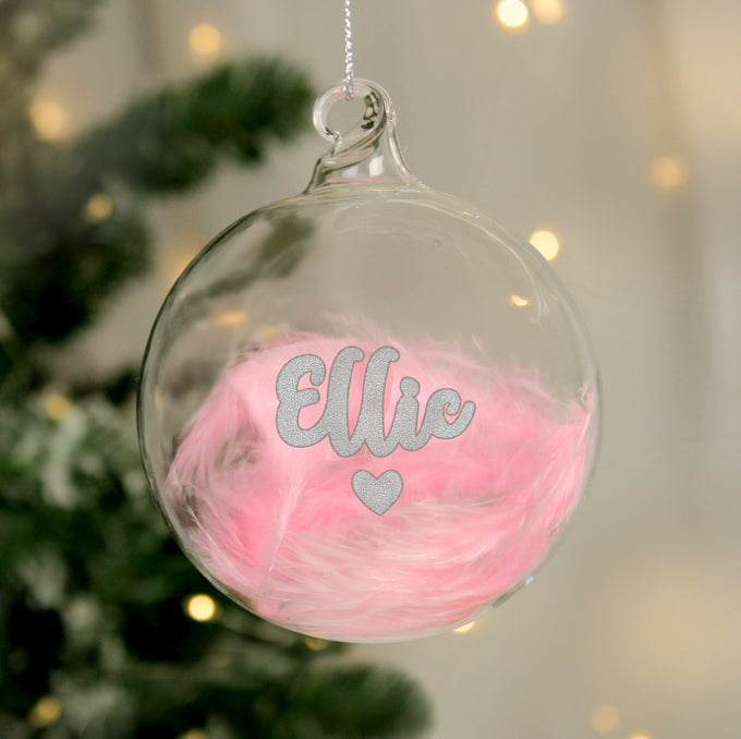 Personalised Pink Feather Silver Heart Glass Bauble