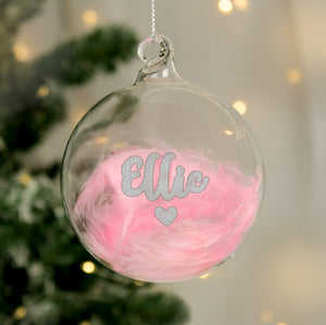 Personalised Pink Feather Silver Heart Glass Bauble