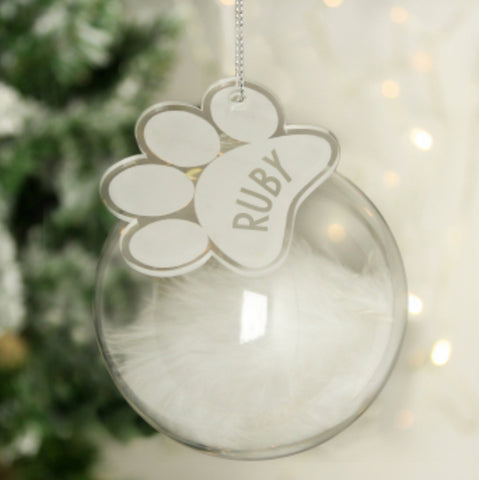 Personalised Pets White Feather Glass Bauble With Paw Print Tag