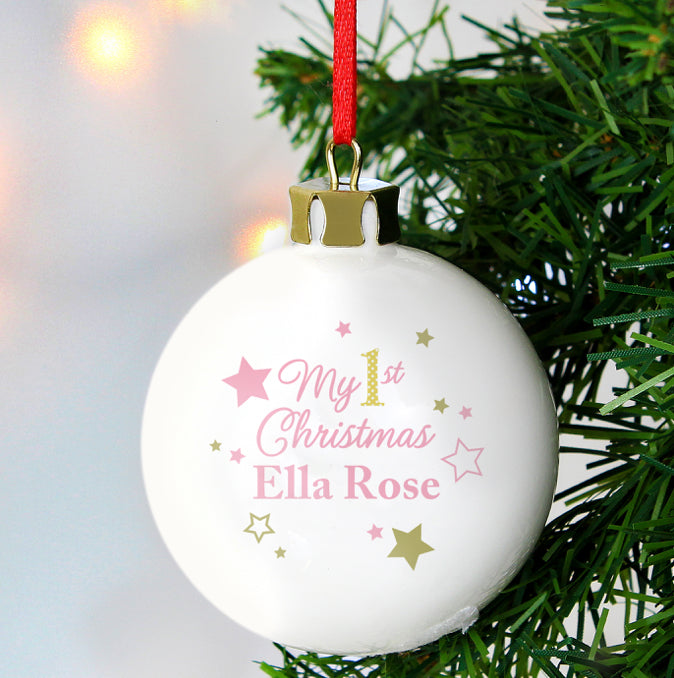 Personalised Gold & Pink Stars My 1st Christmas Bauble