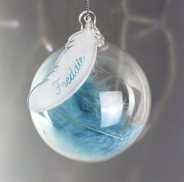 Personalised Blue Feather Glass Bauble