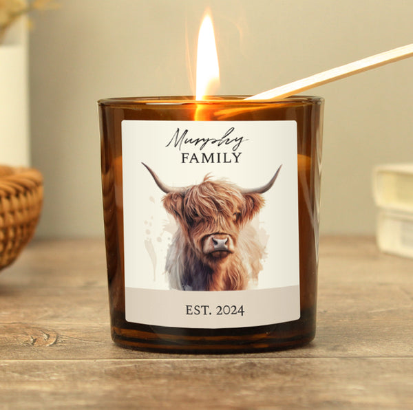 Personalised Highland Cow Amber Glass Candle