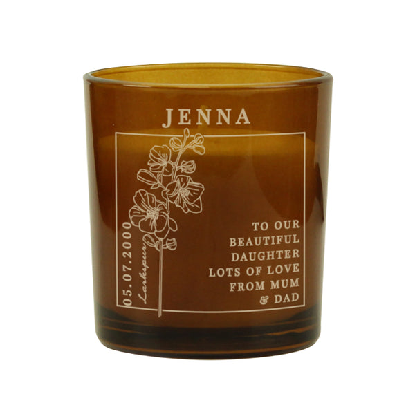 Personalised July Birth Flower Amber Glass Candle