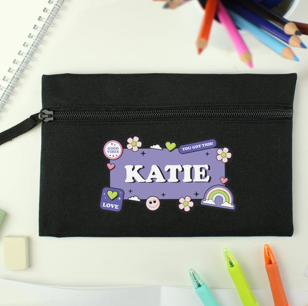 Personalised Good Vibes Black Pencil Case