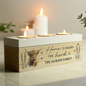 Personalised Highland Cow Triple Tea Light Box